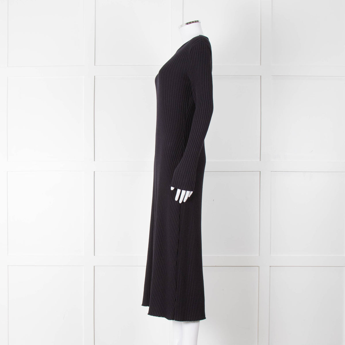 Vince Navy Blue Ribbed Cotton Long Sleeve Midi Dress