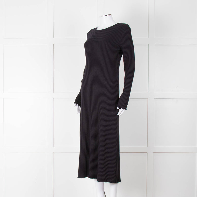 Vince Navy Blue Ribbed Cotton Long Sleeve Midi Dress