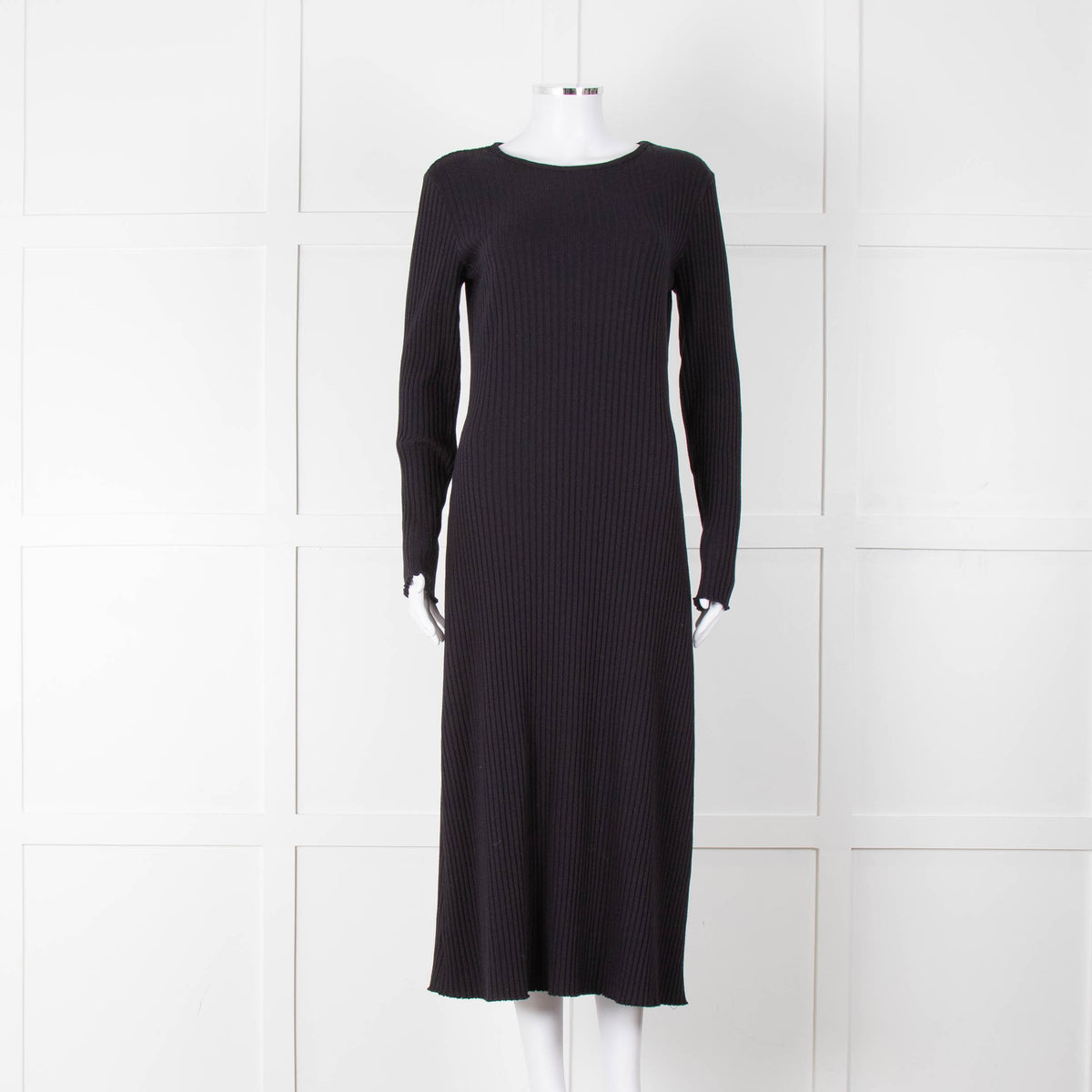 Vince Navy Blue Ribbed Cotton Long Sleeve Midi Dress