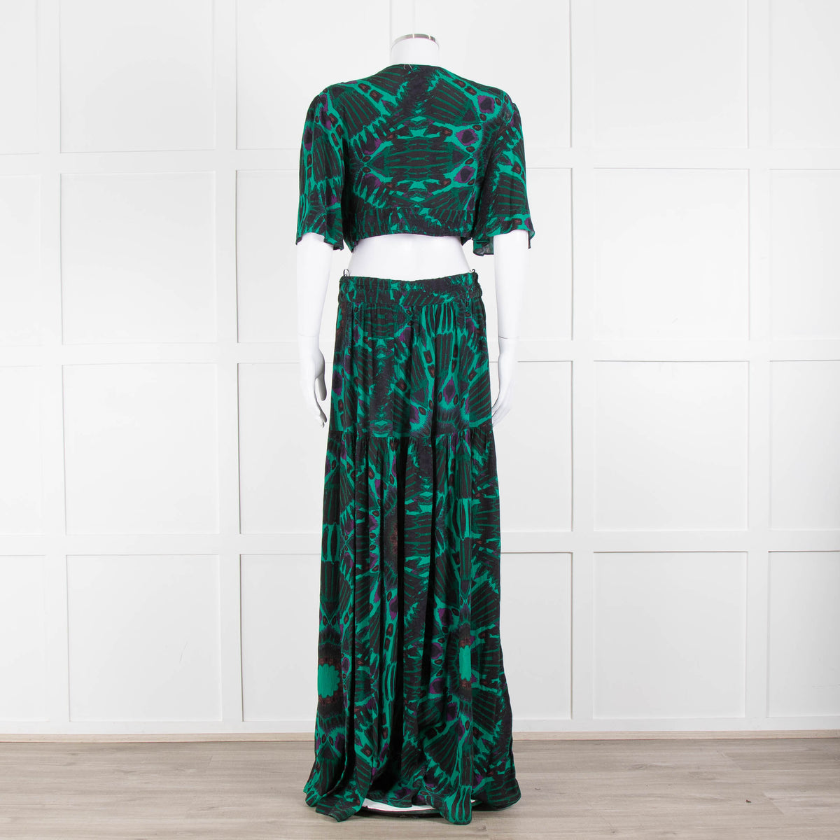 Ba&sh Green Black Cut Out Tiered Short Sleeve Maxi Dress