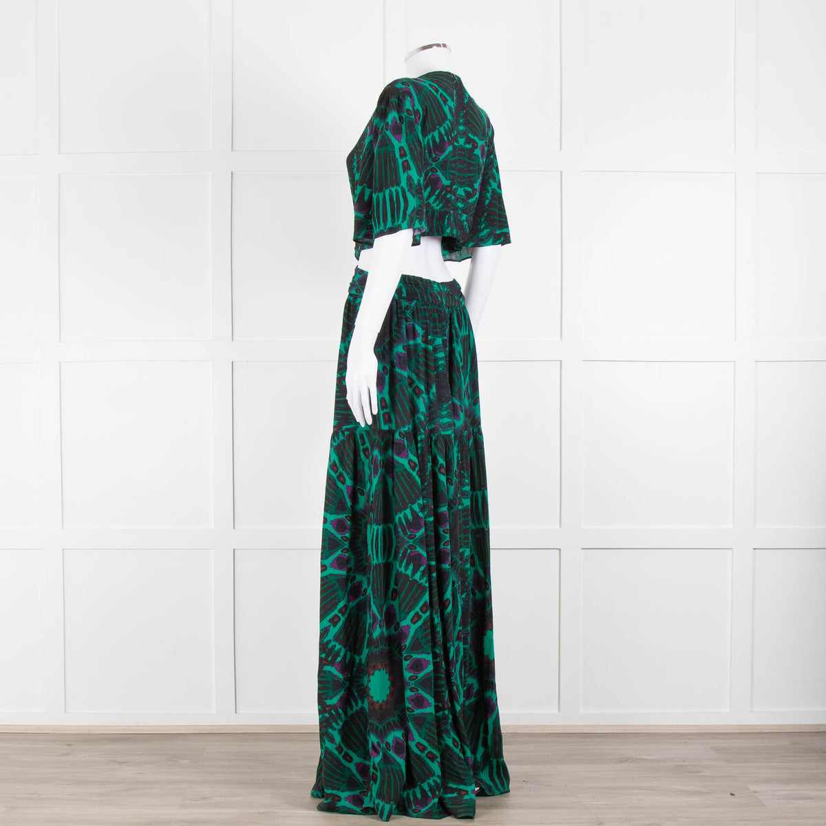 Ba&sh Green Black Cut Out Tiered Short Sleeve Maxi Dress
