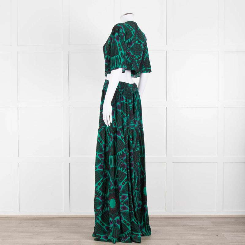 Ba&sh Green Black Cut Out Tiered Short Sleeve Maxi Dress