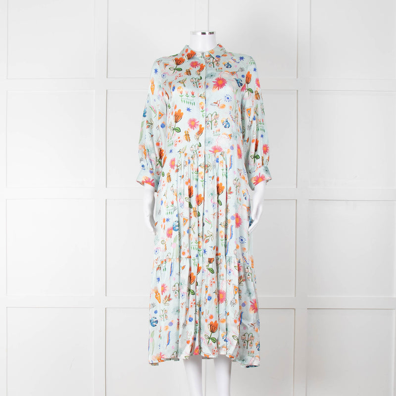 Jessica Russell Flint Pale Blue Orange Silk Buttoned Up Dress