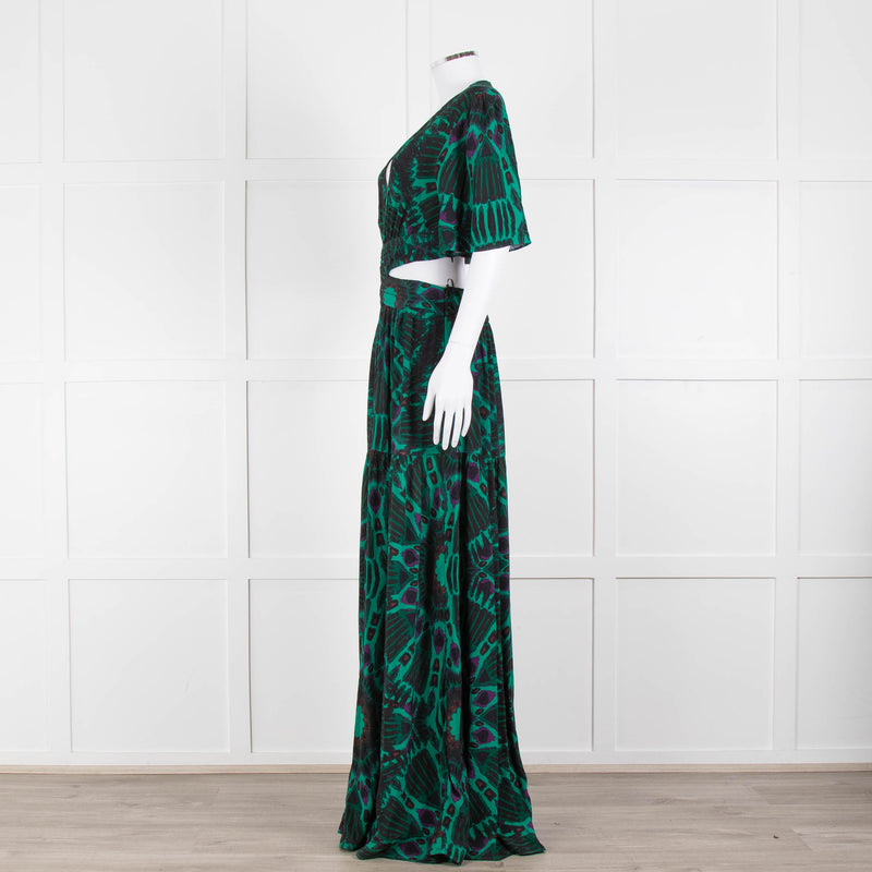 Ba&sh Green Black Cut Out Tiered Short Sleeve Maxi Dress
