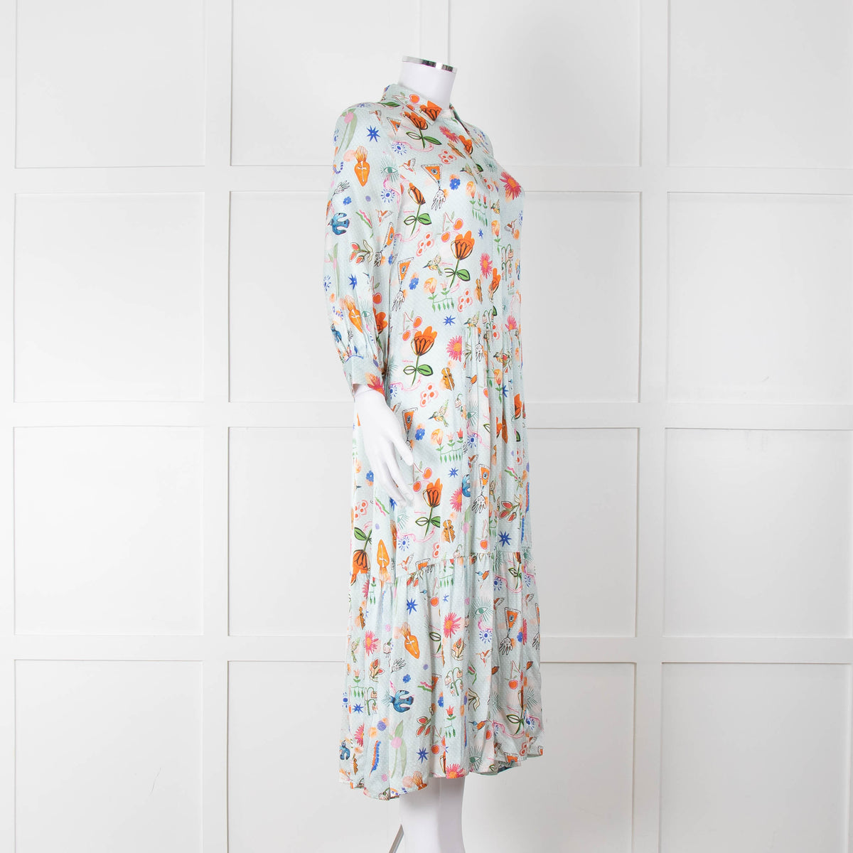 Jessica Russell Flint Pale Blue Orange Silk Buttoned Up Dress