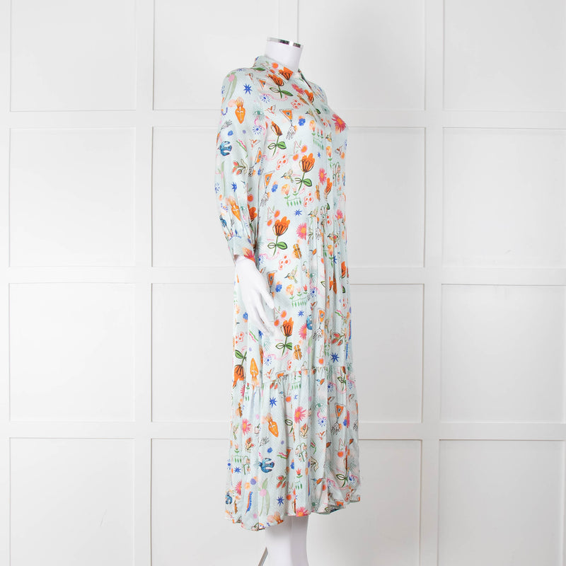 Jessica Russell Flint Pale Blue Orange Silk Buttoned Up Dress