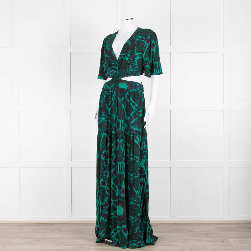 Ba&sh Green Black Cut Out Tiered Short Sleeve Maxi Dress