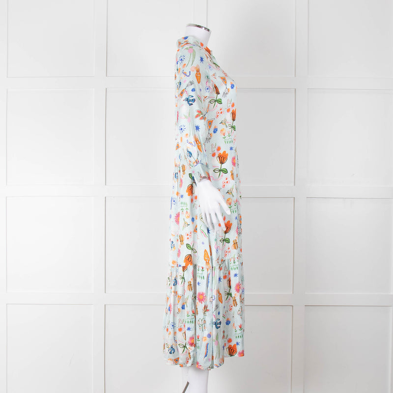 Jessica Russell Flint Pale Blue Orange Silk Buttoned Up Dress