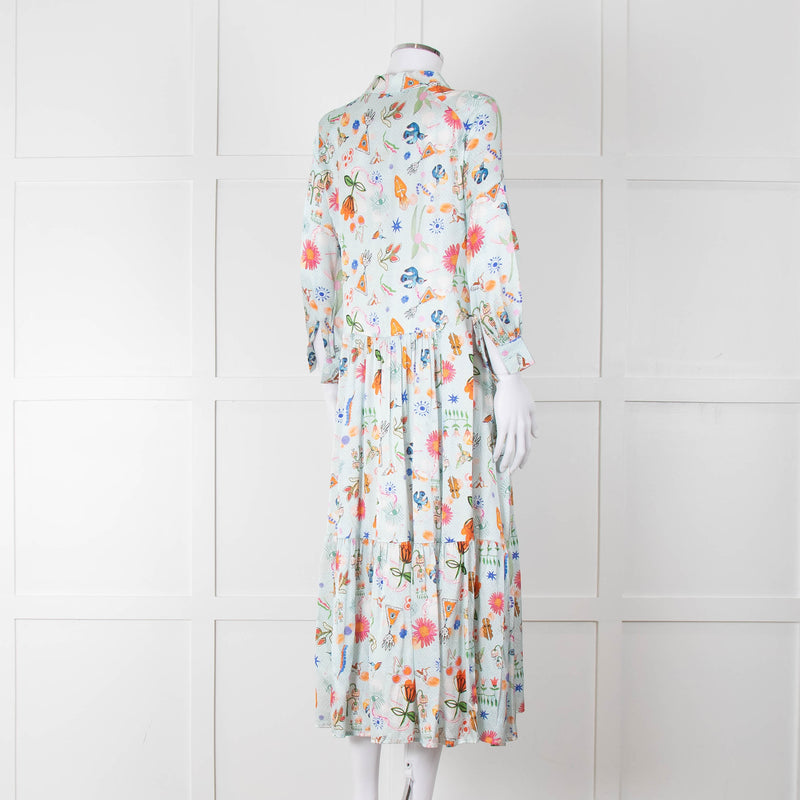 Jessica Russell Flint Pale Blue Orange Silk Buttoned Up Dress