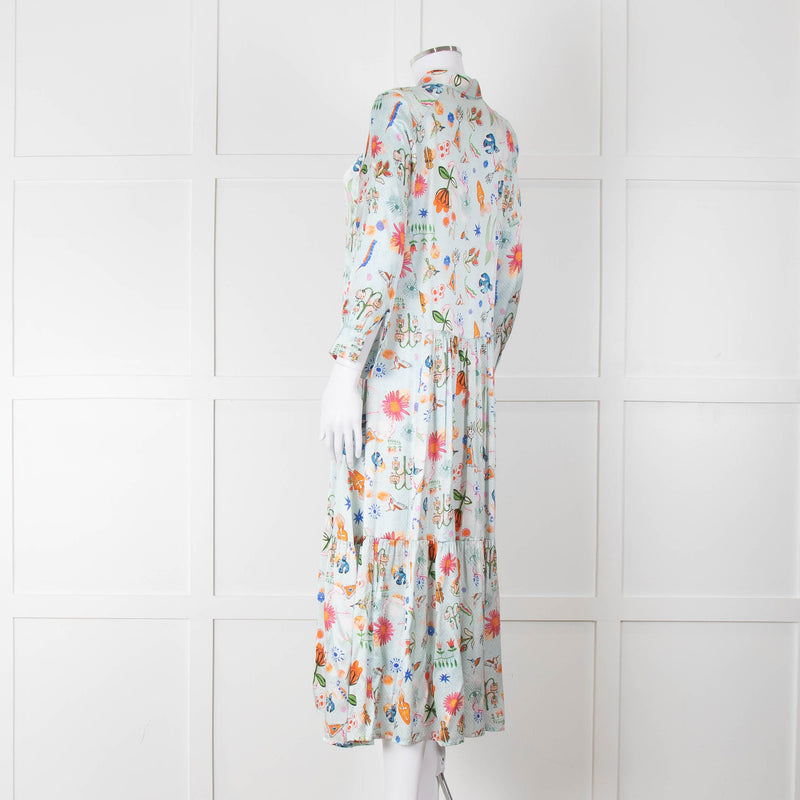 Jessica Russell Flint Pale Blue Orange Silk Buttoned Up Dress