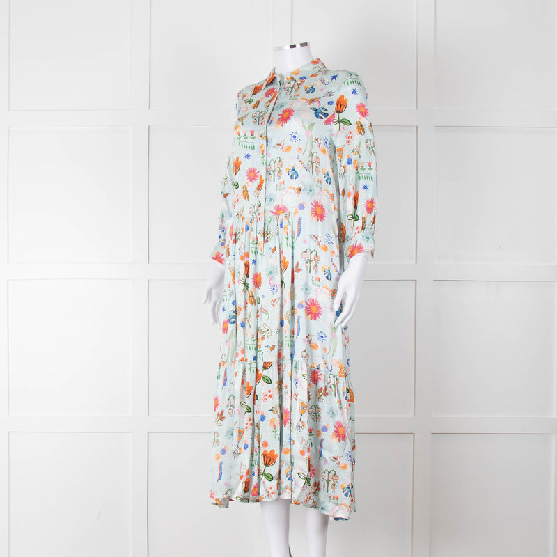 Jessica Russell Flint Pale Blue Orange Silk Buttoned Up Dress