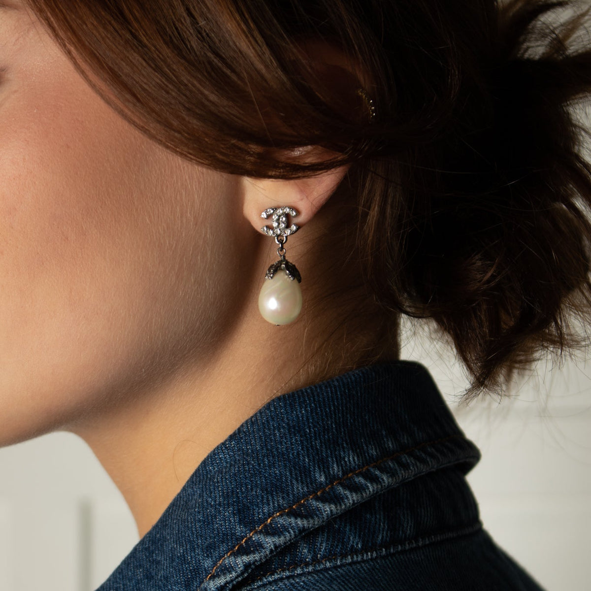 Chanel Dark Silver Rhinestone CC Pearl Drop Earrings
