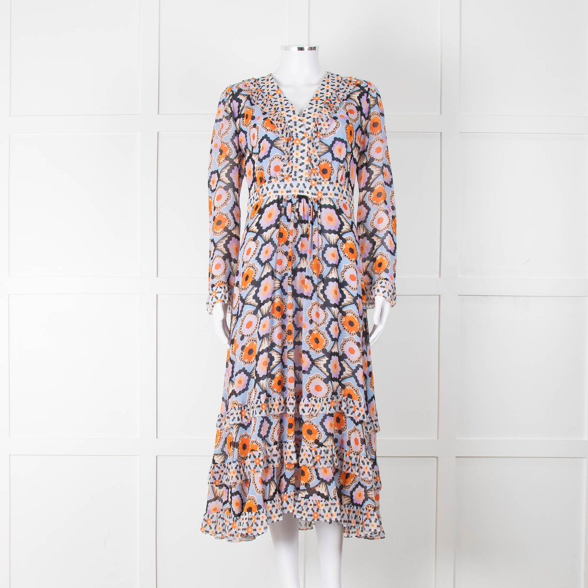 Temperley Blue Orange Ruffle Trim V Neck Ruffle Bottom Long Sleeve