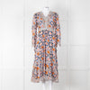 Temperley Blue Orange Ruffle Trim V Neck Ruffle Bottom Long Sleeve