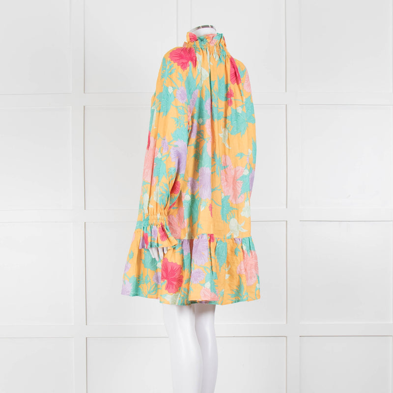 Ephemera Yellow Turquoise Pink Linen Oversized Short Dress