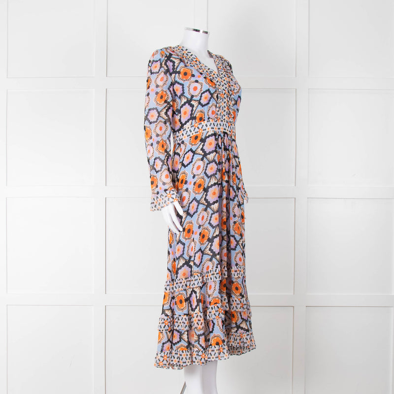 Temperley Blue Orange Ruffle Trim V Neck Ruffle Bottom Long Sleeve