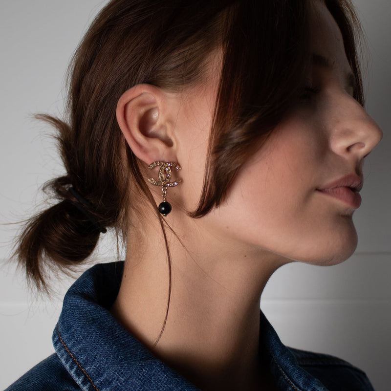 Chanel Gold Black Crystal CC Drop Earrings