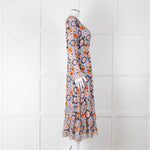 Temperley Blue Orange Ruffle Trim V Neck Ruffle Bottom Long Sleeve