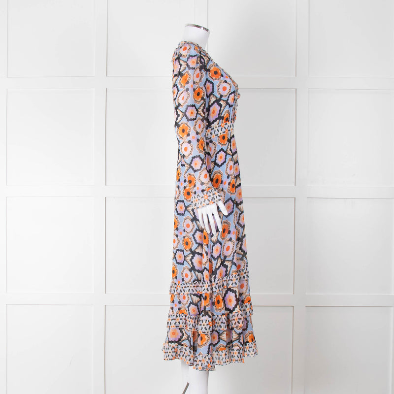 Temperley Blue Orange Ruffle Trim V Neck Ruffle Bottom Long Sleeve