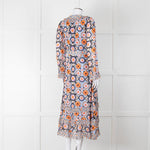 Temperley Blue Orange Ruffle Trim V Neck Ruffle Bottom Long Sleeve