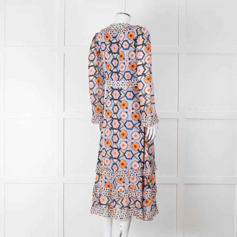 Temperley Blue Orange Ruffle Trim V Neck Ruffle Bottom Long Sleeve