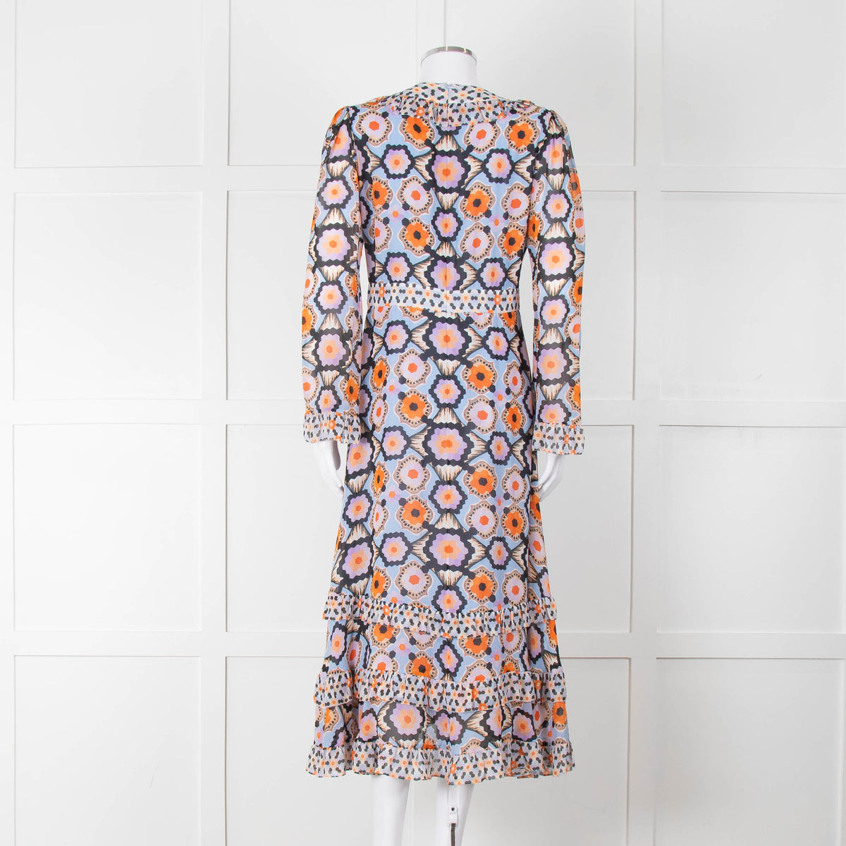 Temperley Blue Orange Ruffle Trim V Neck Ruffle Bottom Long Sleeve