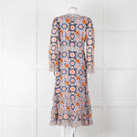 Temperley Blue Orange Ruffle Trim V Neck Ruffle Bottom Long Sleeve