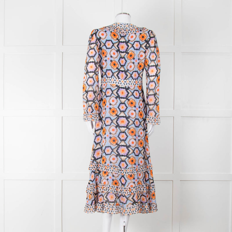 Temperley Blue Orange Ruffle Trim V Neck Ruffle Bottom Long Sleeve
