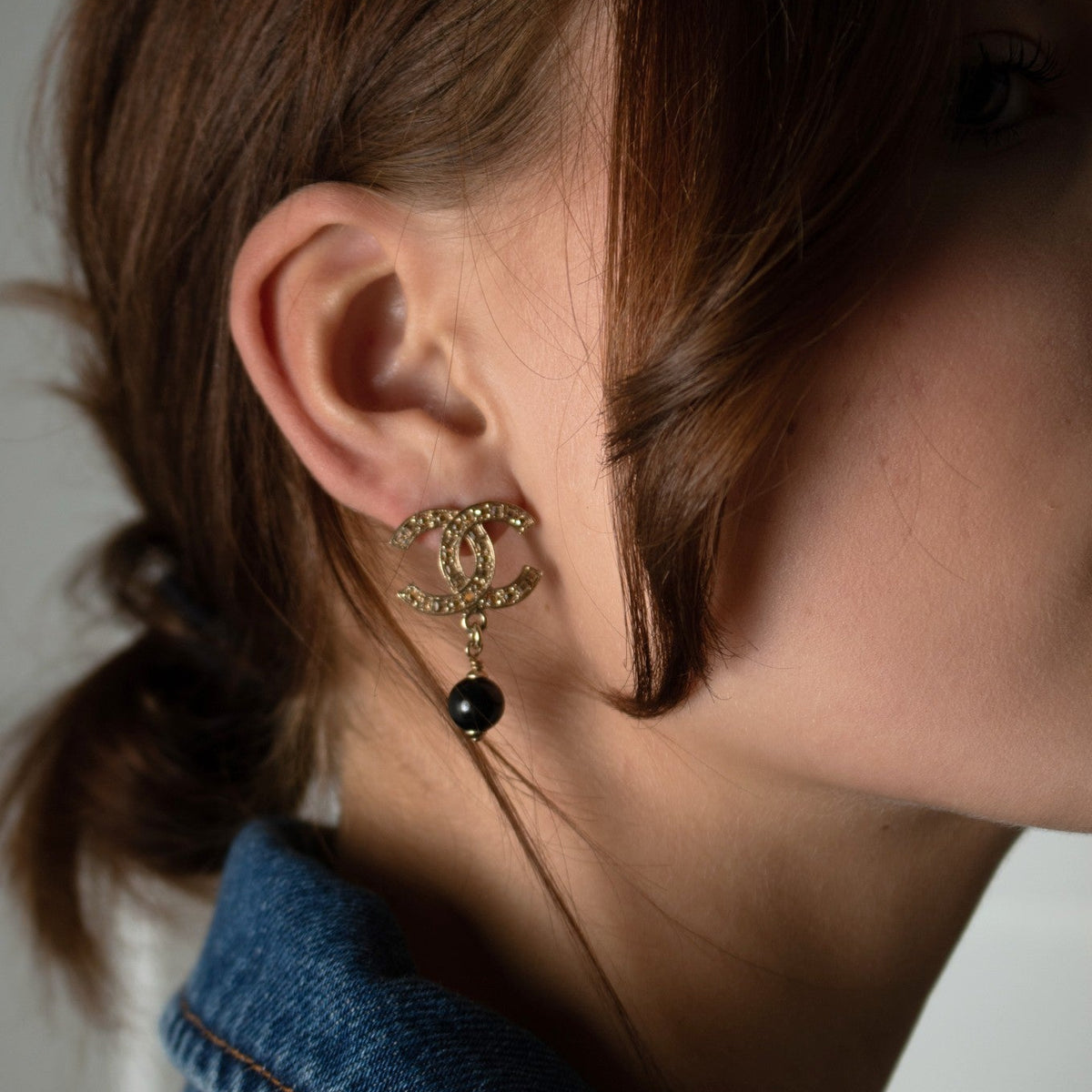 Chanel Gold Black Crystal CC Drop Earrings