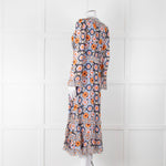 Temperley Blue Orange Ruffle Trim V Neck Ruffle Bottom Long Sleeve