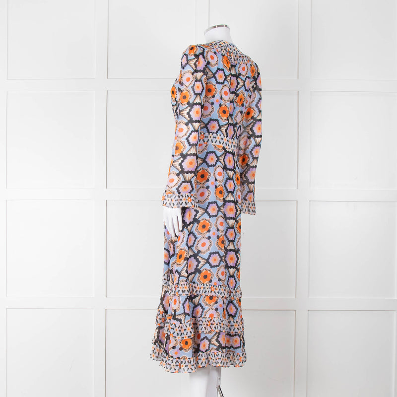 Temperley Blue Orange Ruffle Trim V Neck Ruffle Bottom Long Sleeve