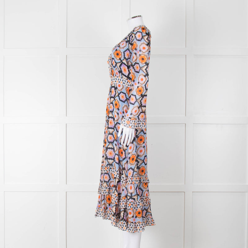 Temperley Blue Orange Ruffle Trim V Neck Ruffle Bottom Long Sleeve