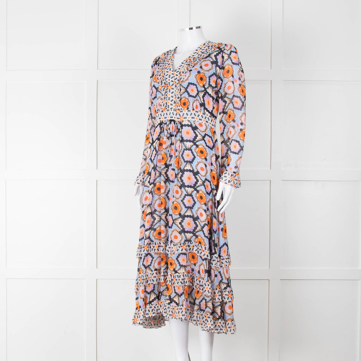 Temperley Blue Orange Ruffle Trim V Neck Ruffle Bottom Long Sleeve