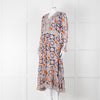 Temperley Blue Orange Ruffle Trim V Neck Ruffle Bottom Long Sleeve