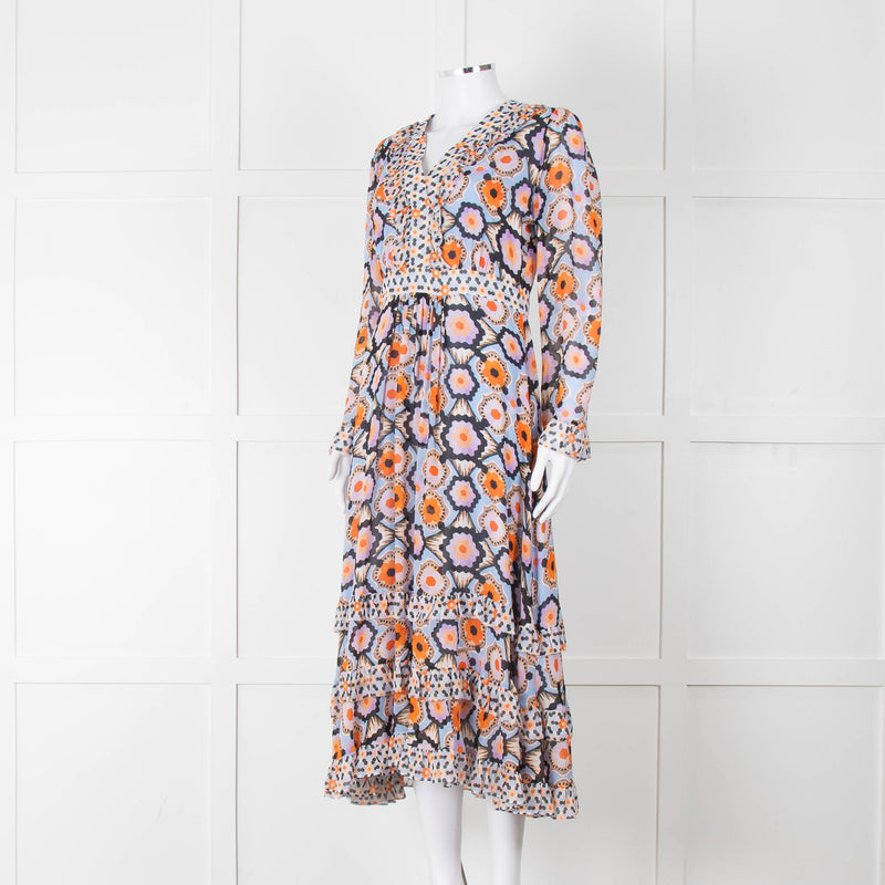 Temperley Blue Orange Ruffle Trim V Neck Ruffle Bottom Long Sleeve