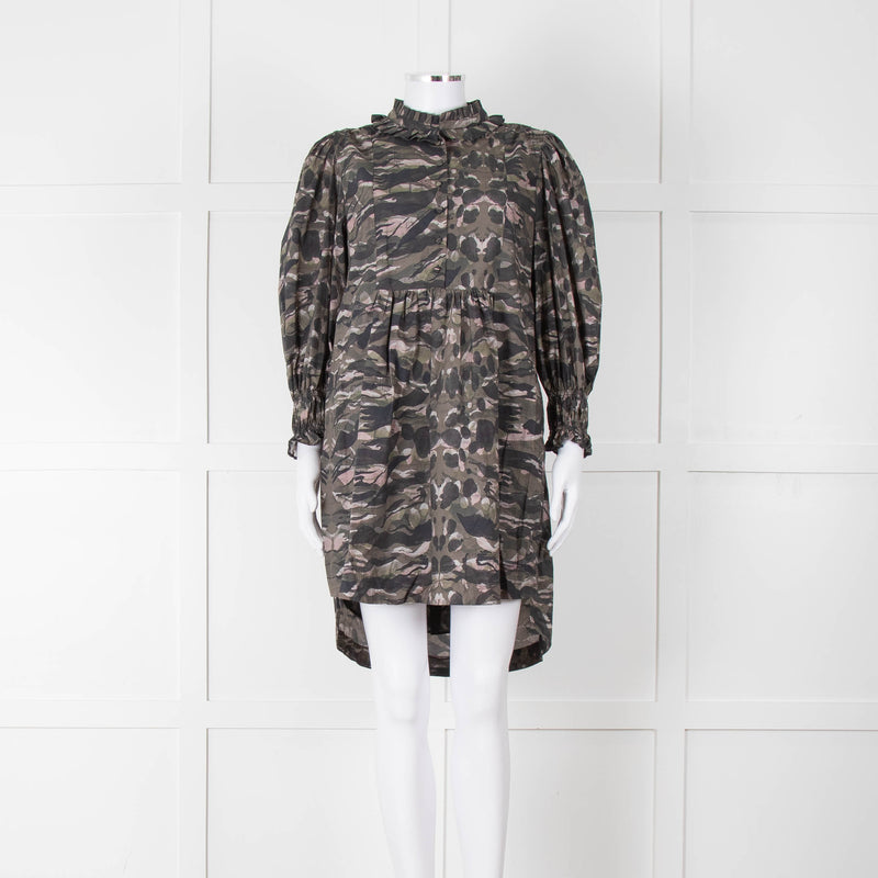 All Saints Green Khaki Puff Ruched Cuff Sleeved Mini Dress
