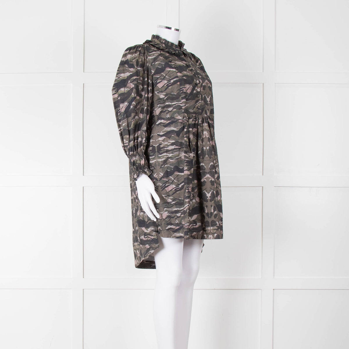 All Saints Green Khaki Puff Ruched Cuff Sleeved Mini Dress