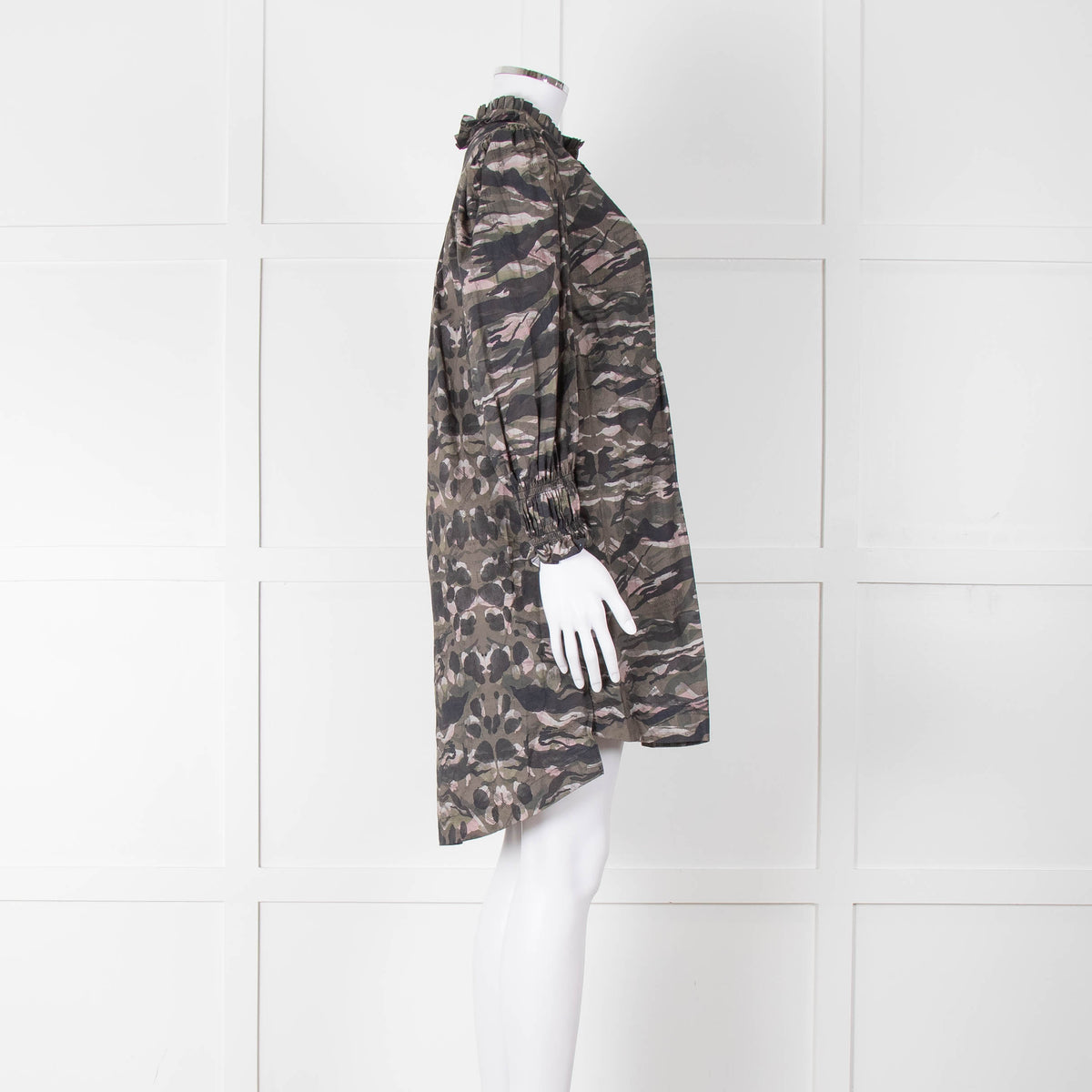 All Saints Green Khaki Puff Ruched Cuff Sleeved Mini Dress