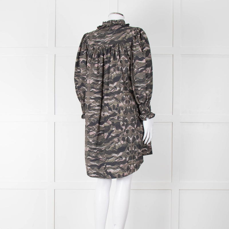 All Saints Green Khaki Puff Ruched Cuff Sleeved Mini Dress