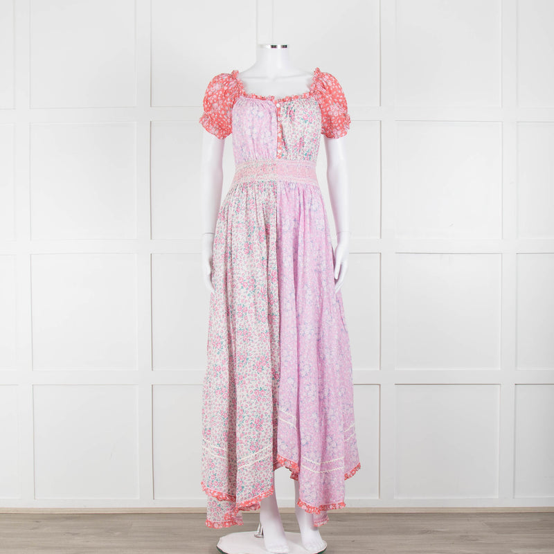 LoveShackFancy Pink Orange Ditzy Floral Puff Sleeve Maxi Dress