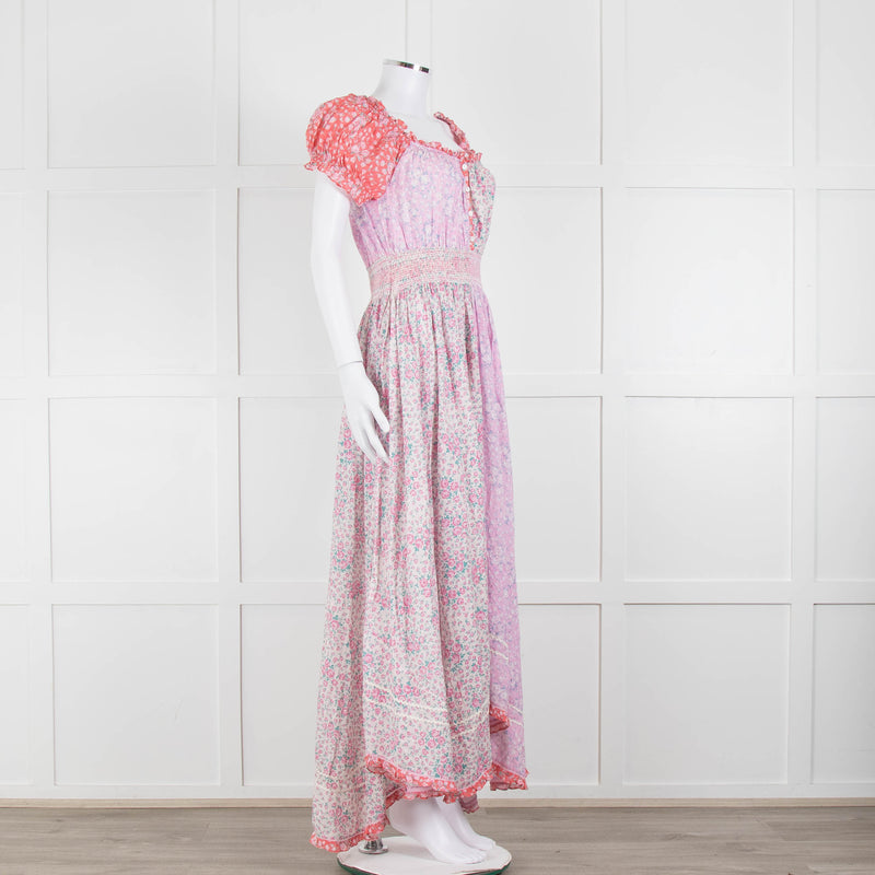 LoveShackFancy Pink Orange Ditzy Floral Puff Sleeve Maxi Dress