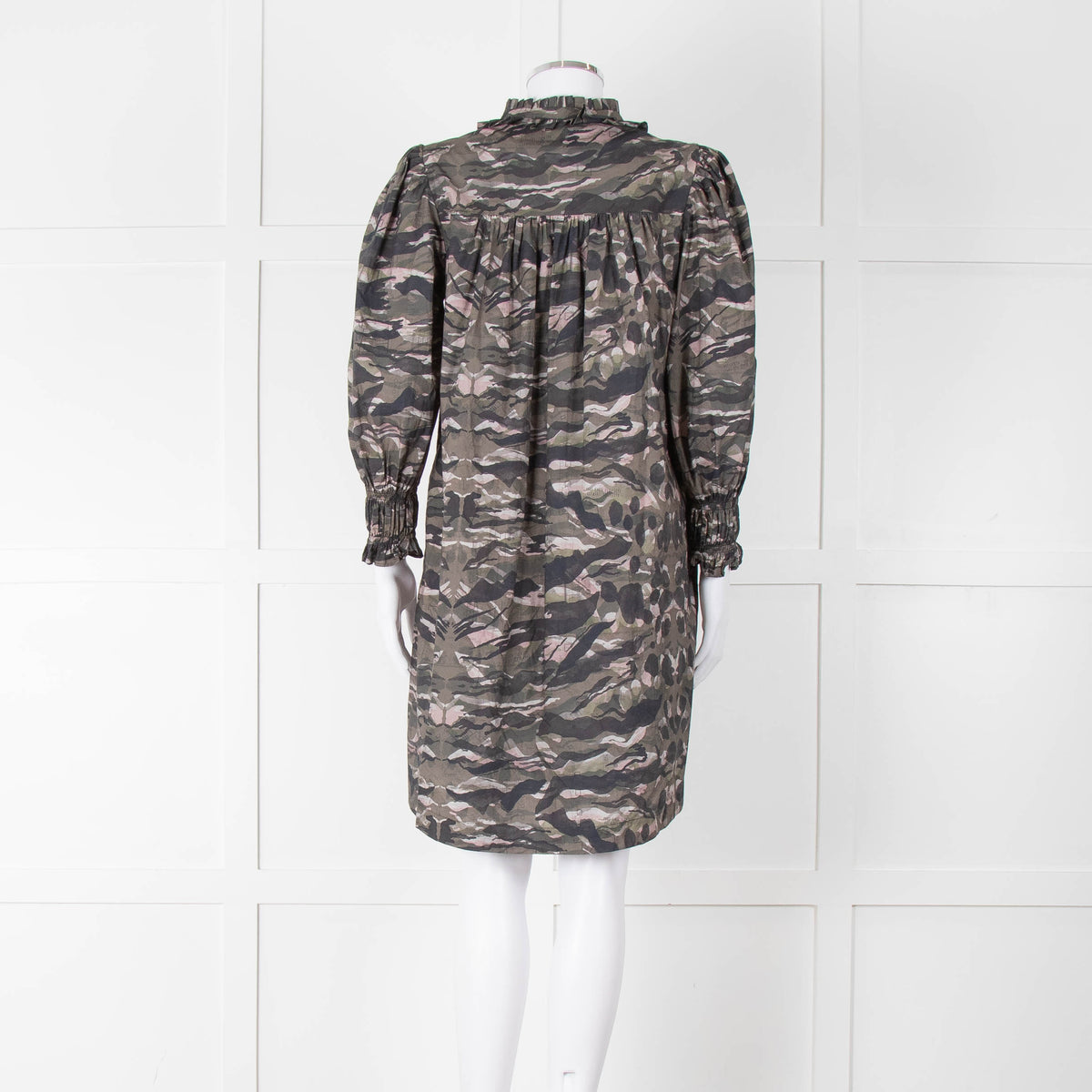 All Saints Green Khaki Puff Ruched Cuff Sleeved Mini Dress