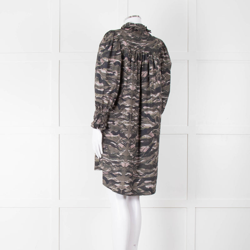 All Saints Green Khaki Puff Ruched Cuff Sleeved Mini Dress