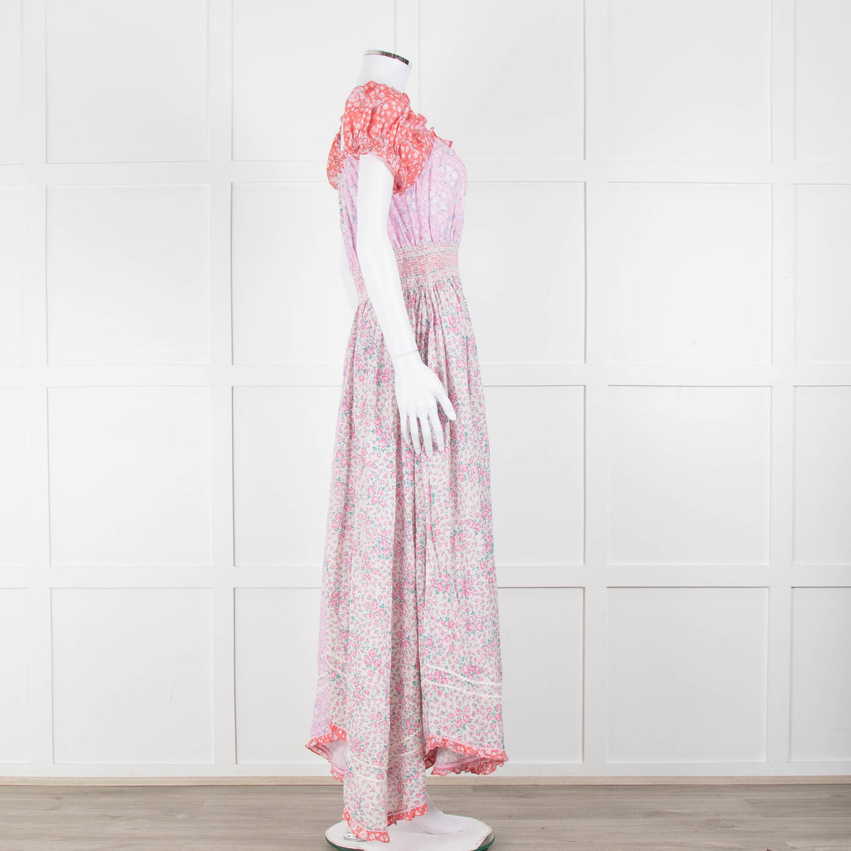 LoveShackFancy Pink Orange Ditzy Floral Puff Sleeve Maxi Dress