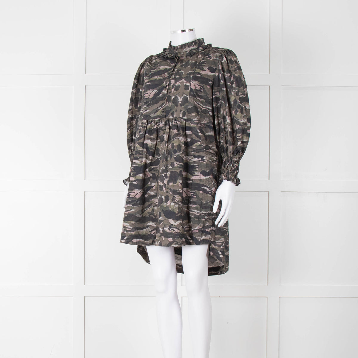 All Saints Green Khaki Puff Ruched Cuff Sleeved Mini Dress