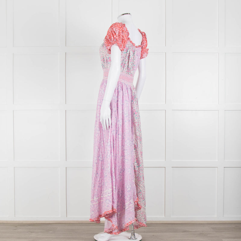 LoveShackFancy Pink Orange Ditzy Floral Puff Sleeve Maxi Dress
