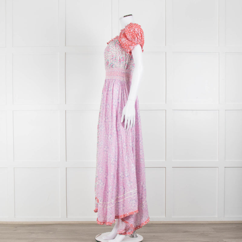LoveShackFancy Pink Orange Ditzy Floral Puff Sleeve Maxi Dress