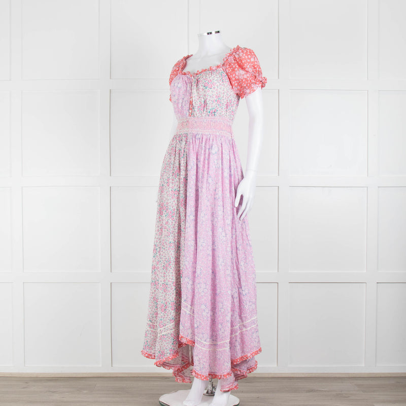 LoveShackFancy Pink Orange Ditzy Floral Puff Sleeve Maxi Dress