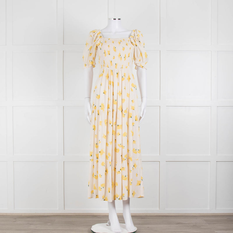 Ba&sh Yellow Floral Puff Sleeve Tiered Maxi Dress
