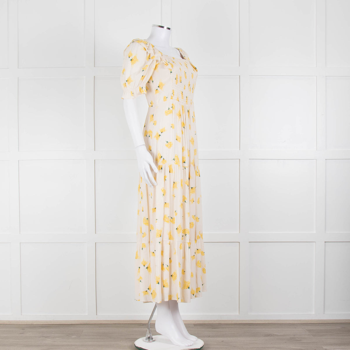 Ba&sh Yellow Floral Puff Sleeve Tiered Maxi Dress